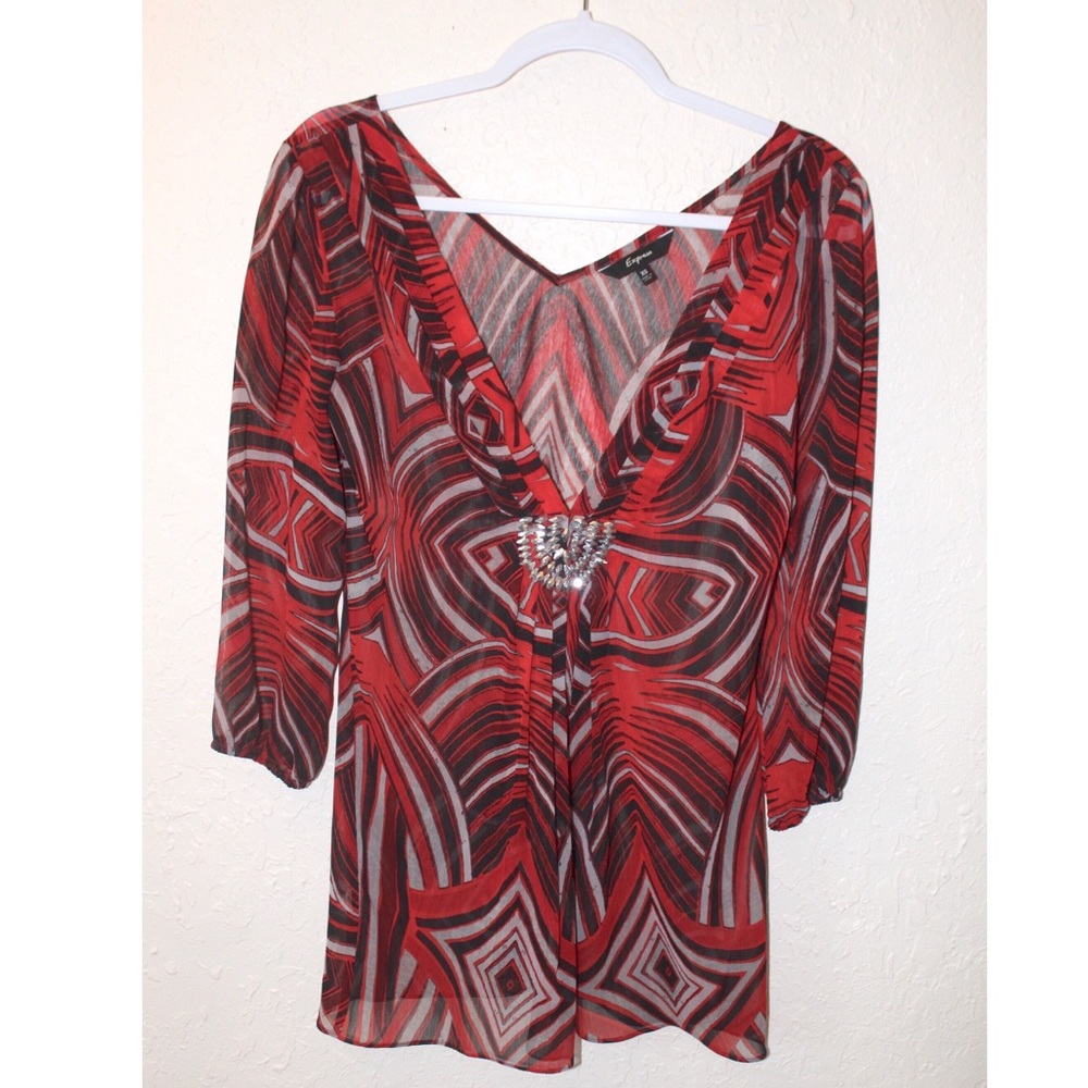 Express Red & Black Sheer Long Sleeve Tunic Top